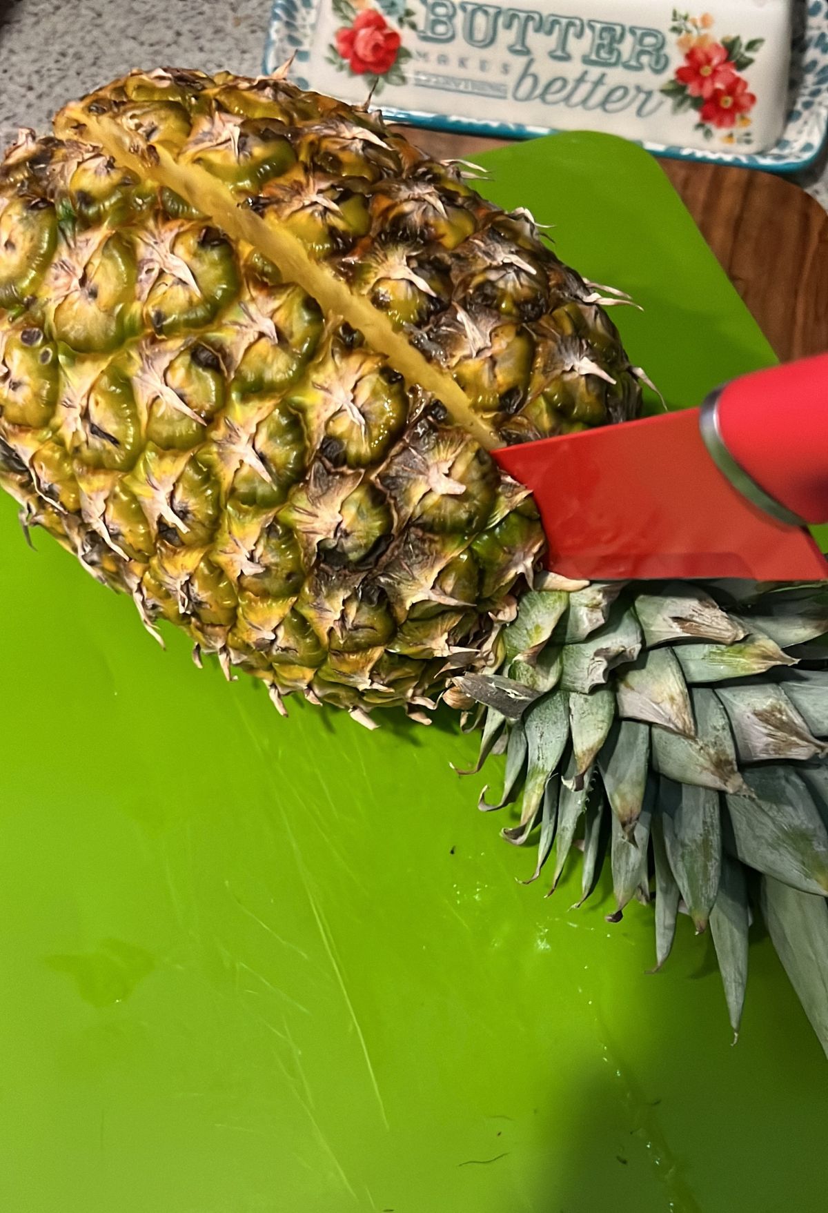 pineapple cut in half.