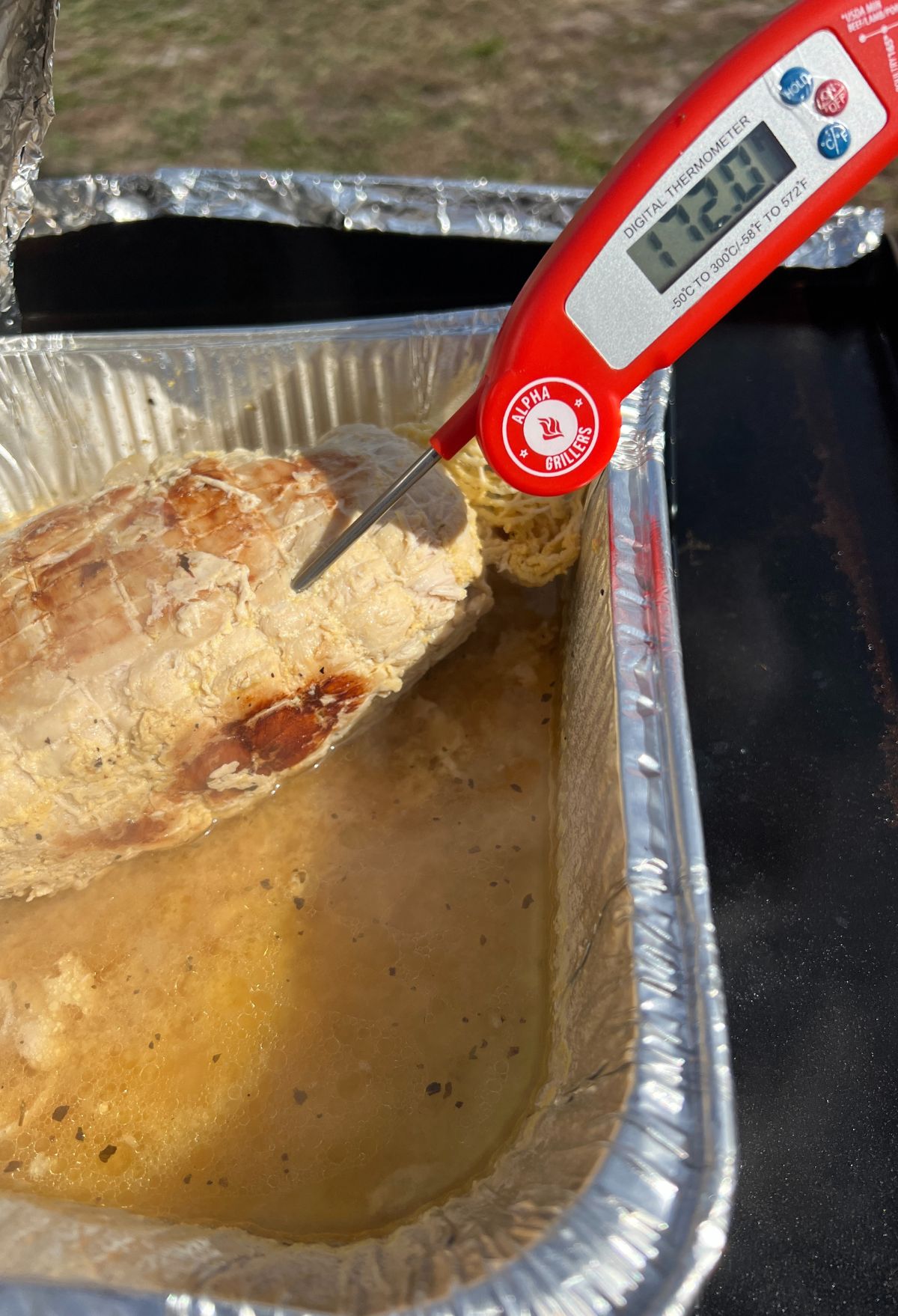 A thermometer is being used to check the temperature of a piece of meat.