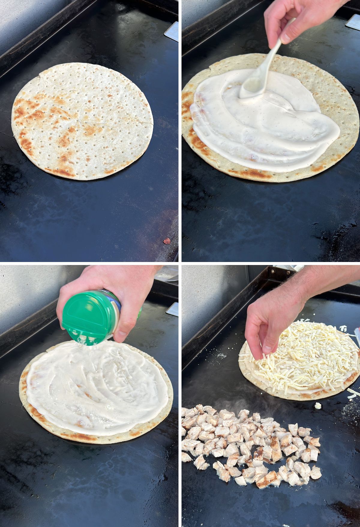 A series of pictures showing how to make a tortilla.