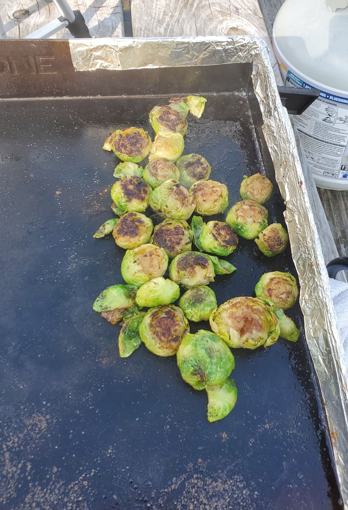 Brussels sprouts on a baking sheet.