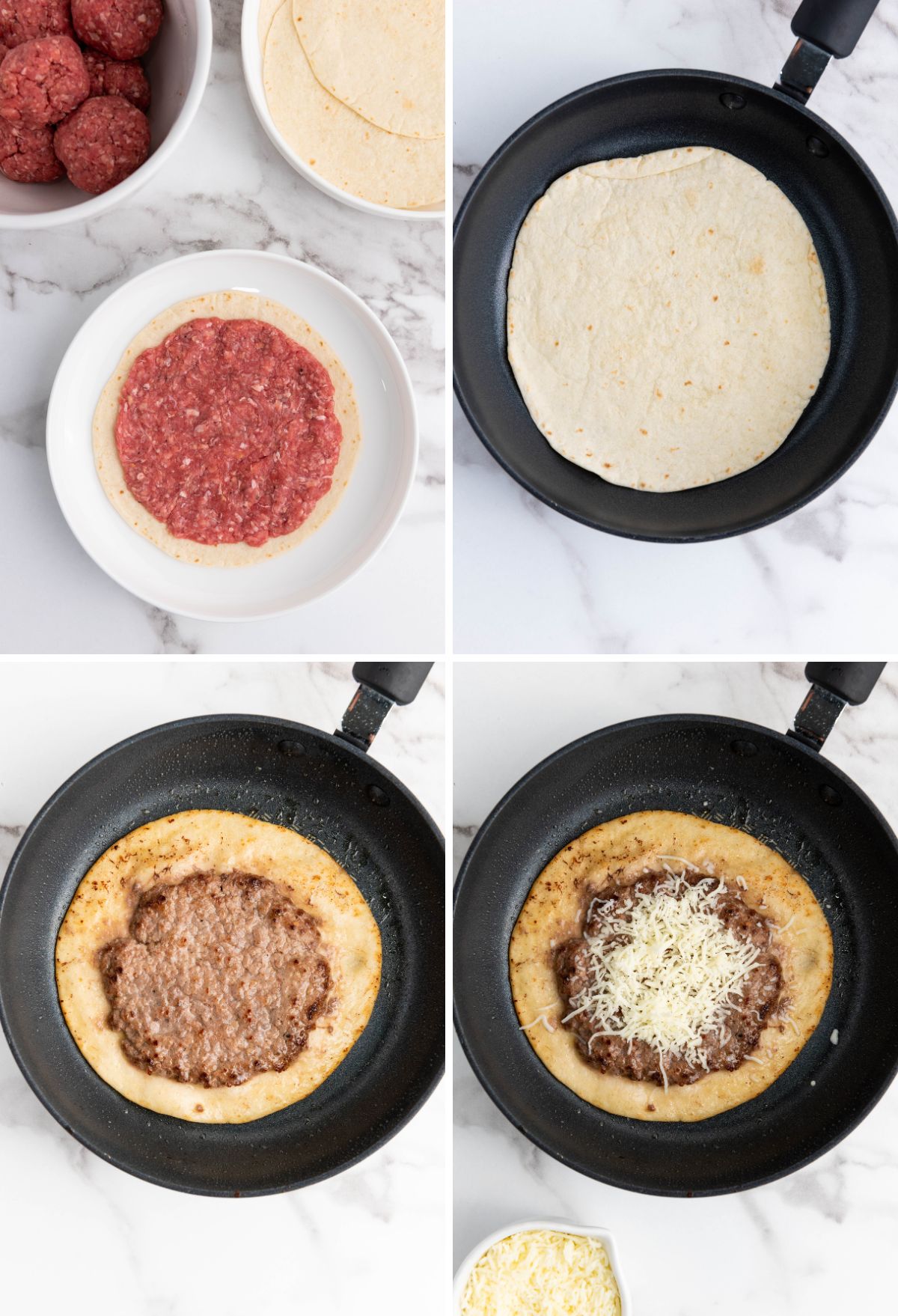 A series of photos showing how to make meatballs in a skillet.