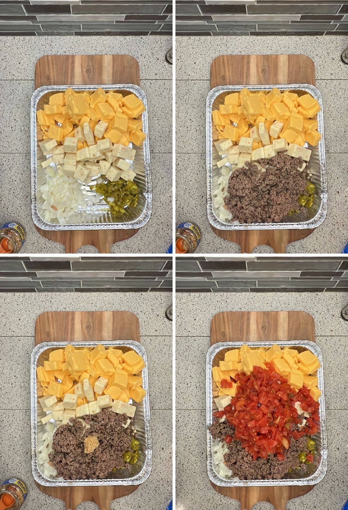 Four pictures showing how to make a cheesy enchilada casserole with the addition of Blackstone Smoked Queso.
