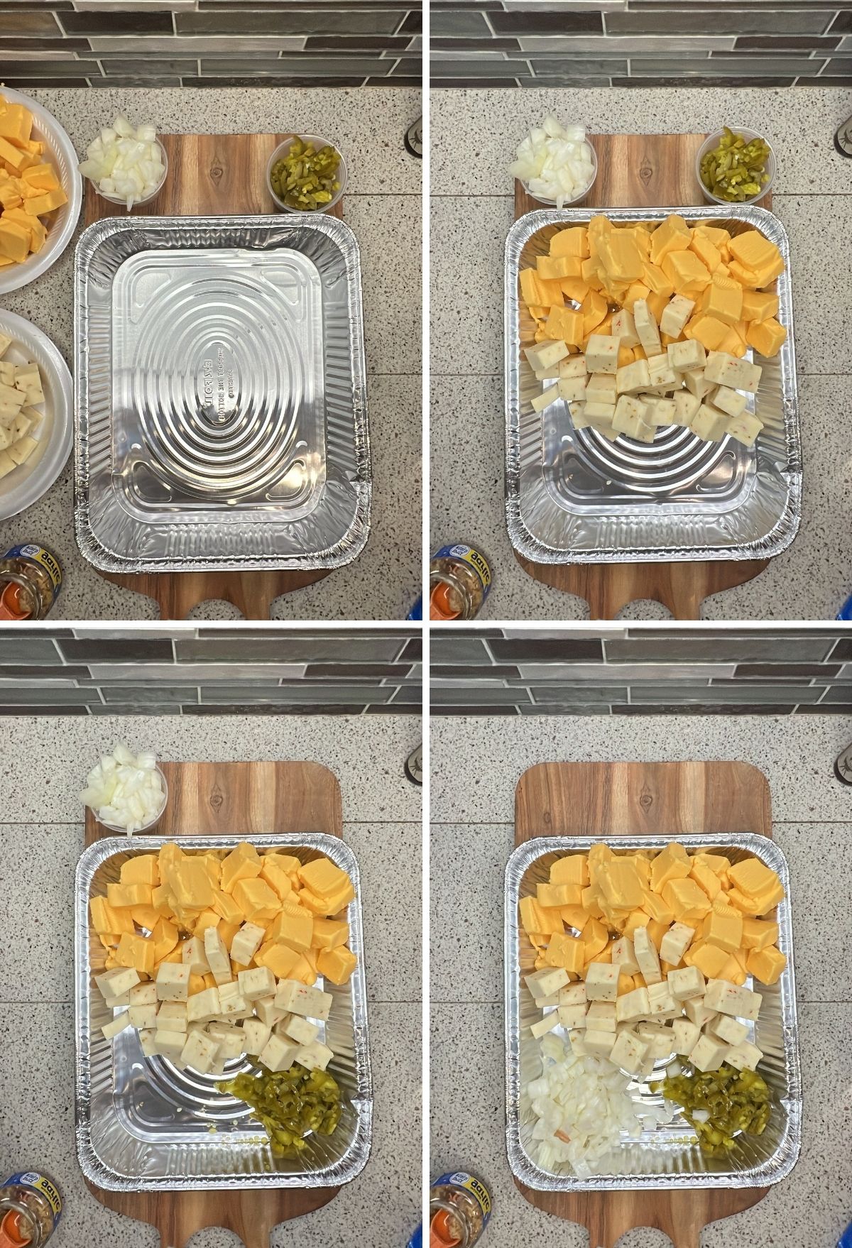 Four pictures showing how to make a tray of cheesy nachos topped with Blackstone Smoked Queso.