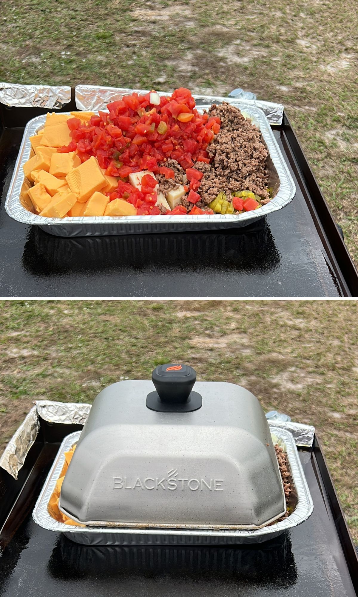 Two pictures of a blackstone grill pan with food in it.