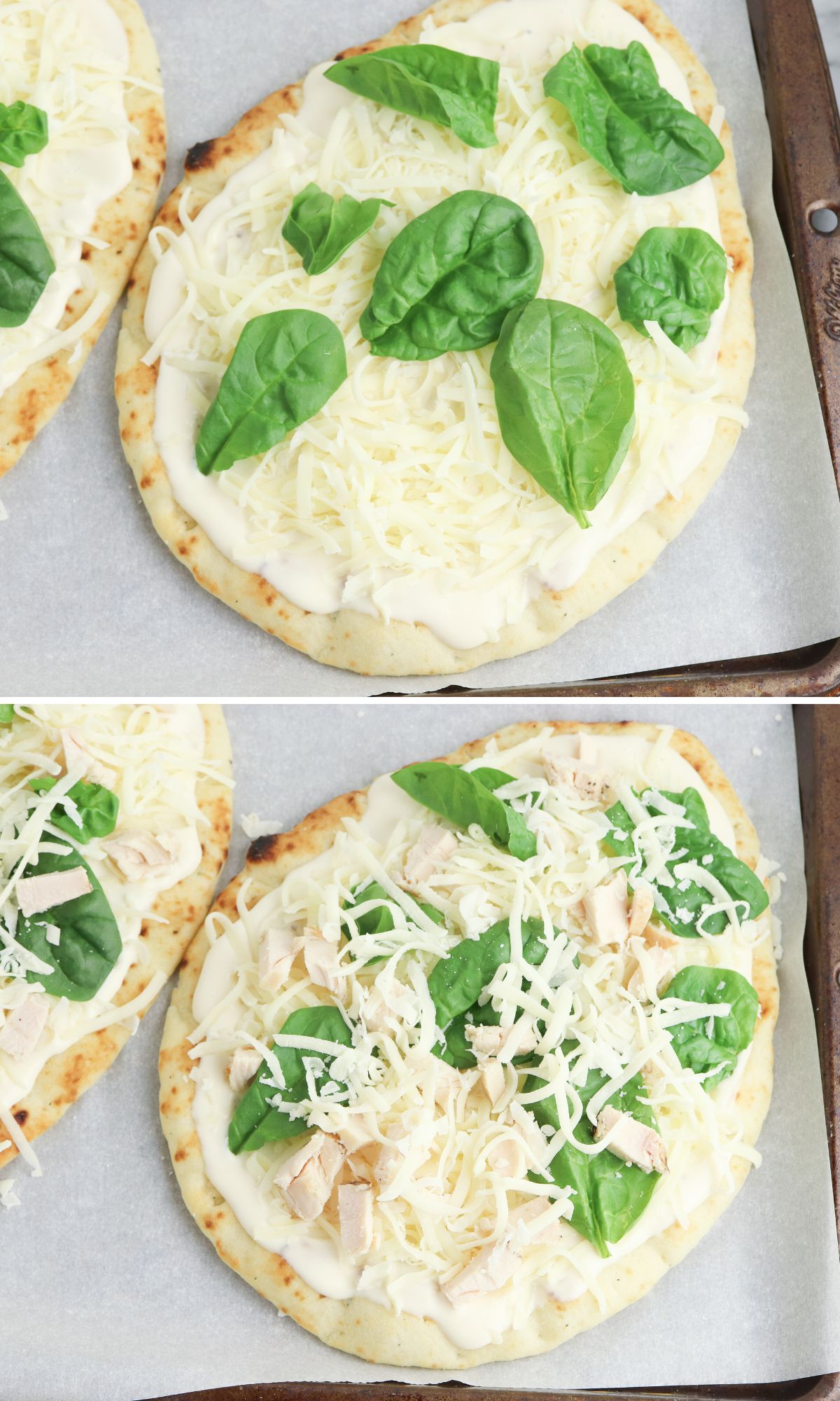 A pizza with cheese and spinach.