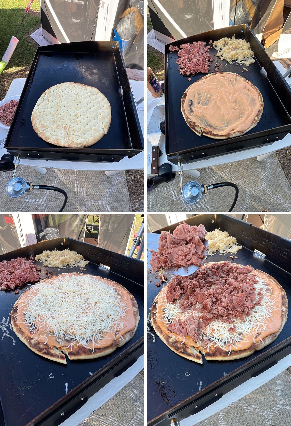 A series of photos showing how to make a pizza.