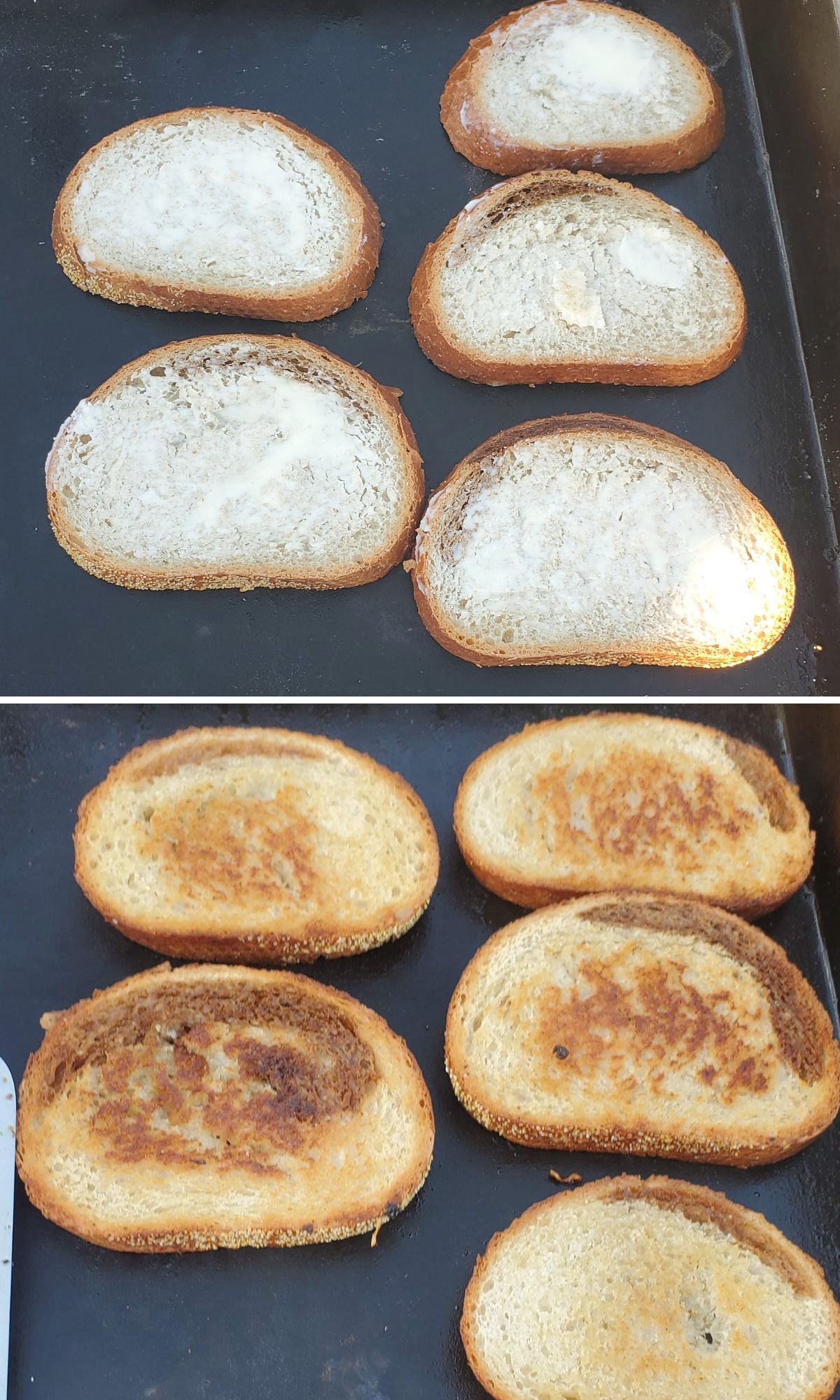 Four pictures of toasted bread on a baking sheet.