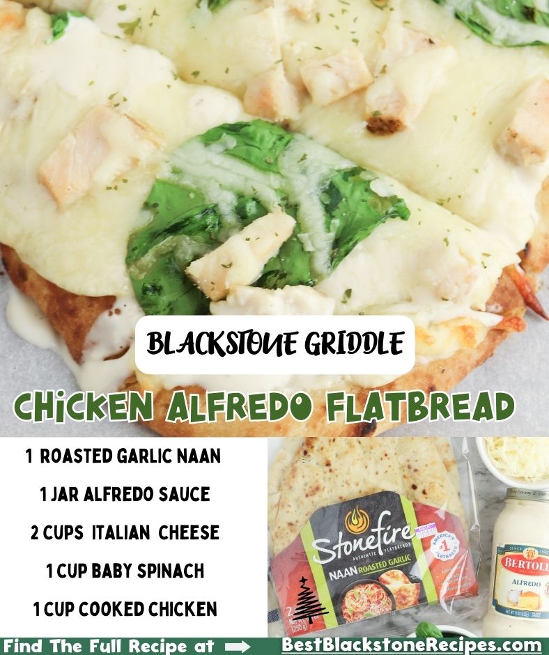 A close up of food. blackstone chicken alfredo flatbread