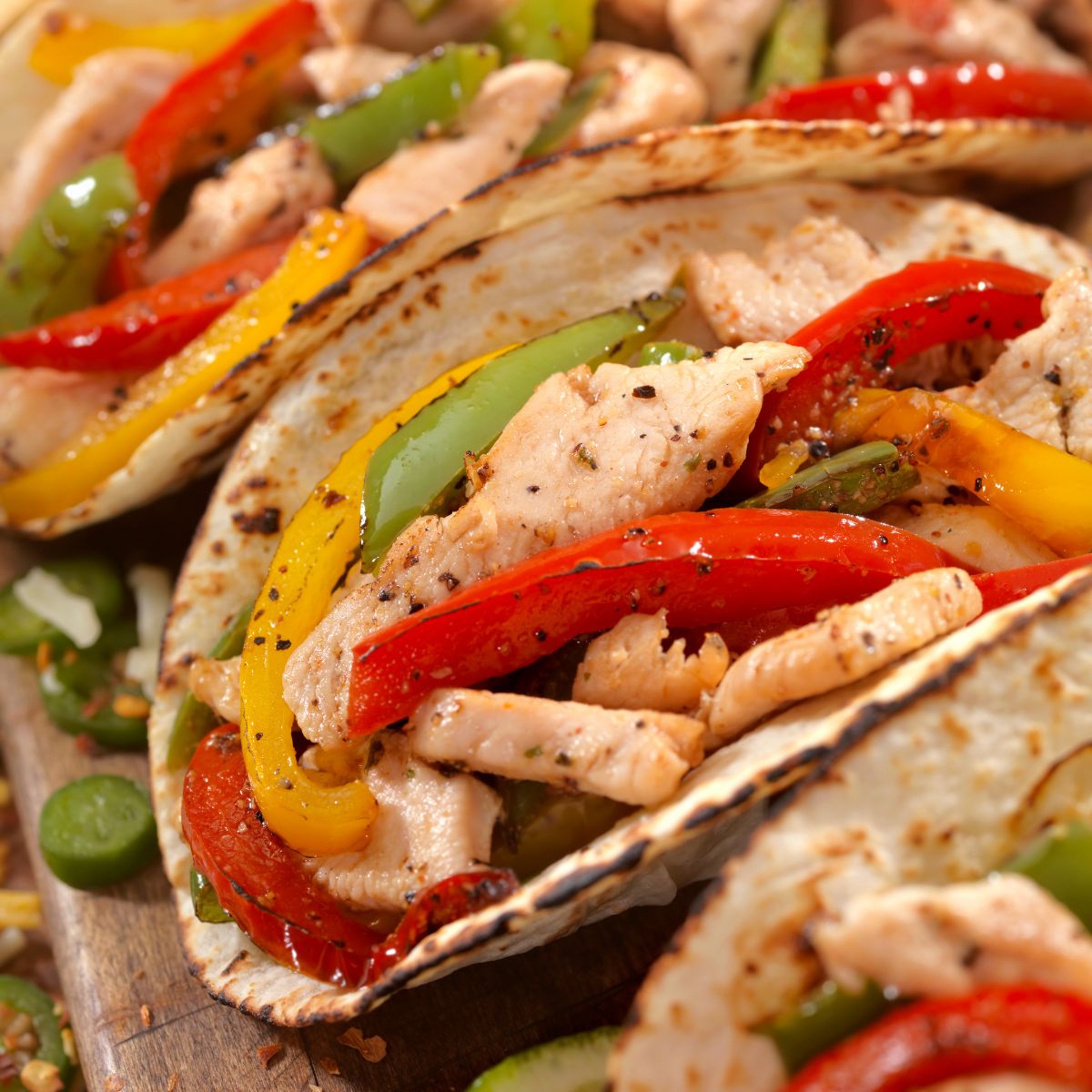 Grilled chicken fajitas with colorful bell peppers and onions served in tortillas.