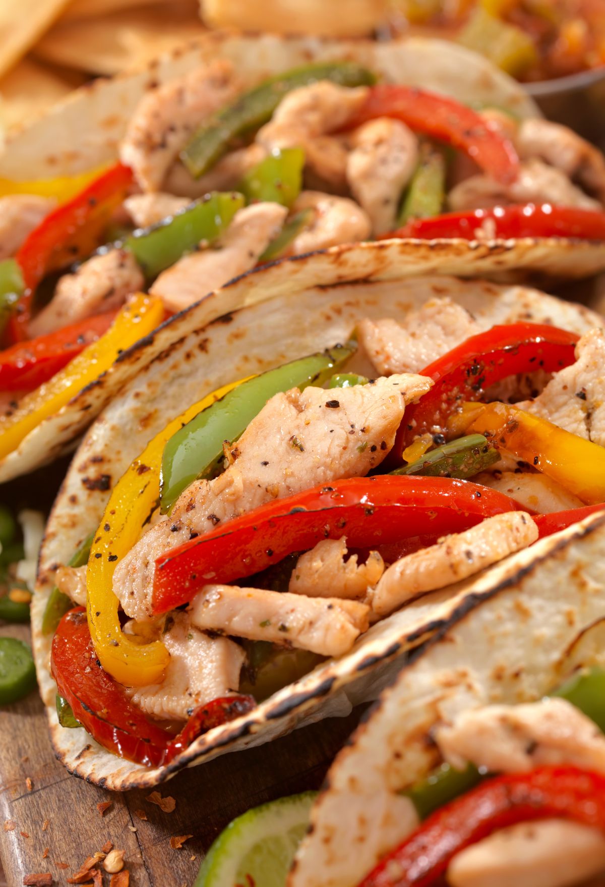 Grilled chicken and bell pepper fajitas served in warm tortillas.