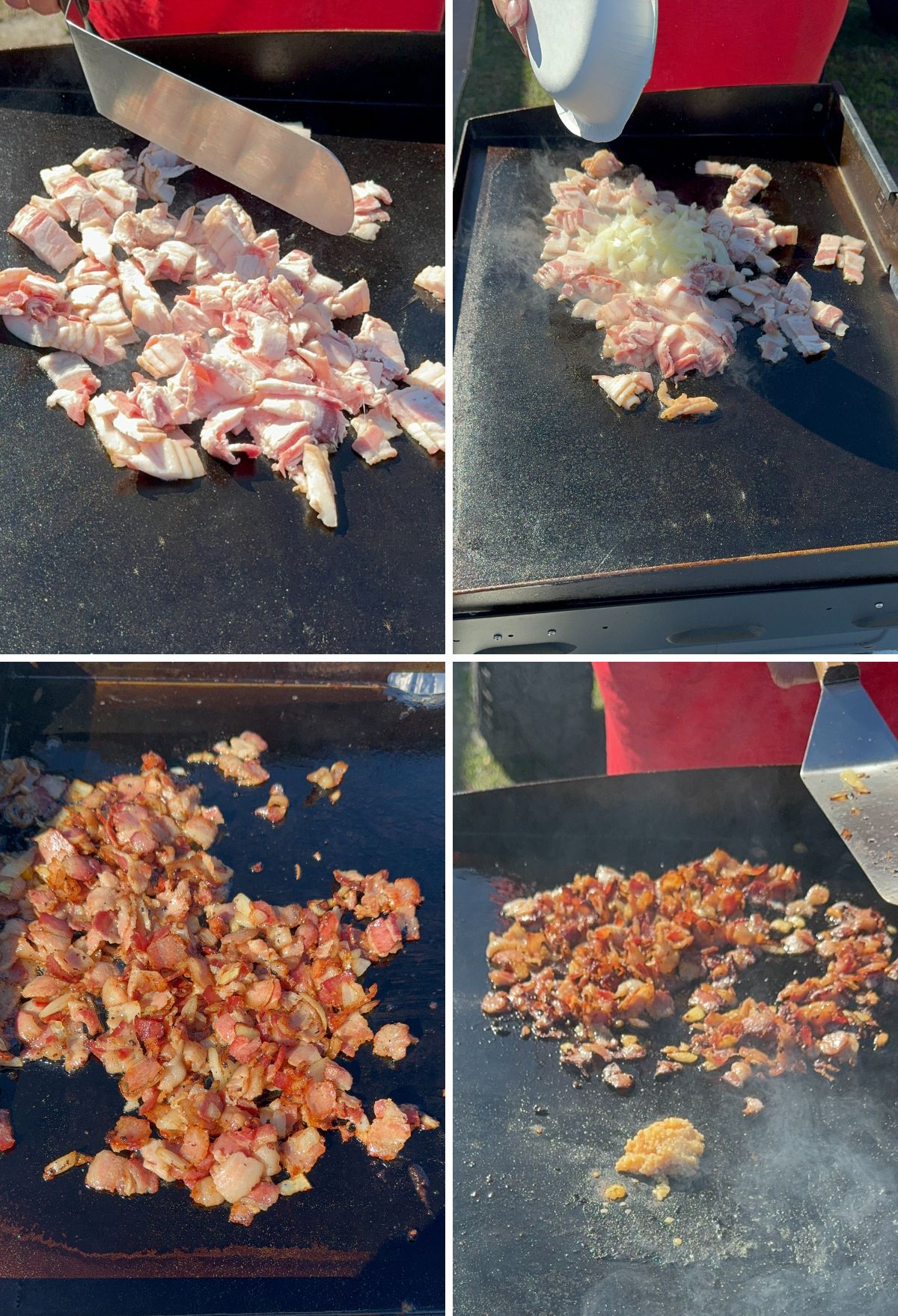 Stages of bacon cooking on a griddle, from raw to crispy.