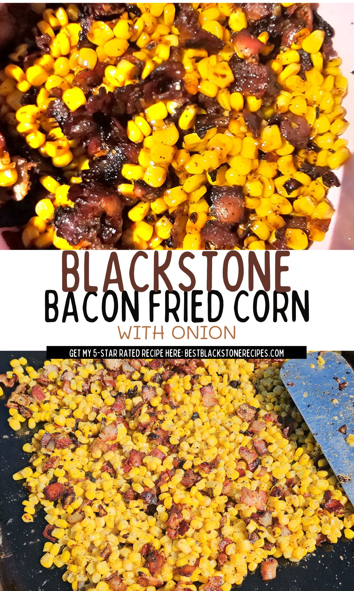 Corn with bacon and onion cooked on a griddle, recipe promotion.