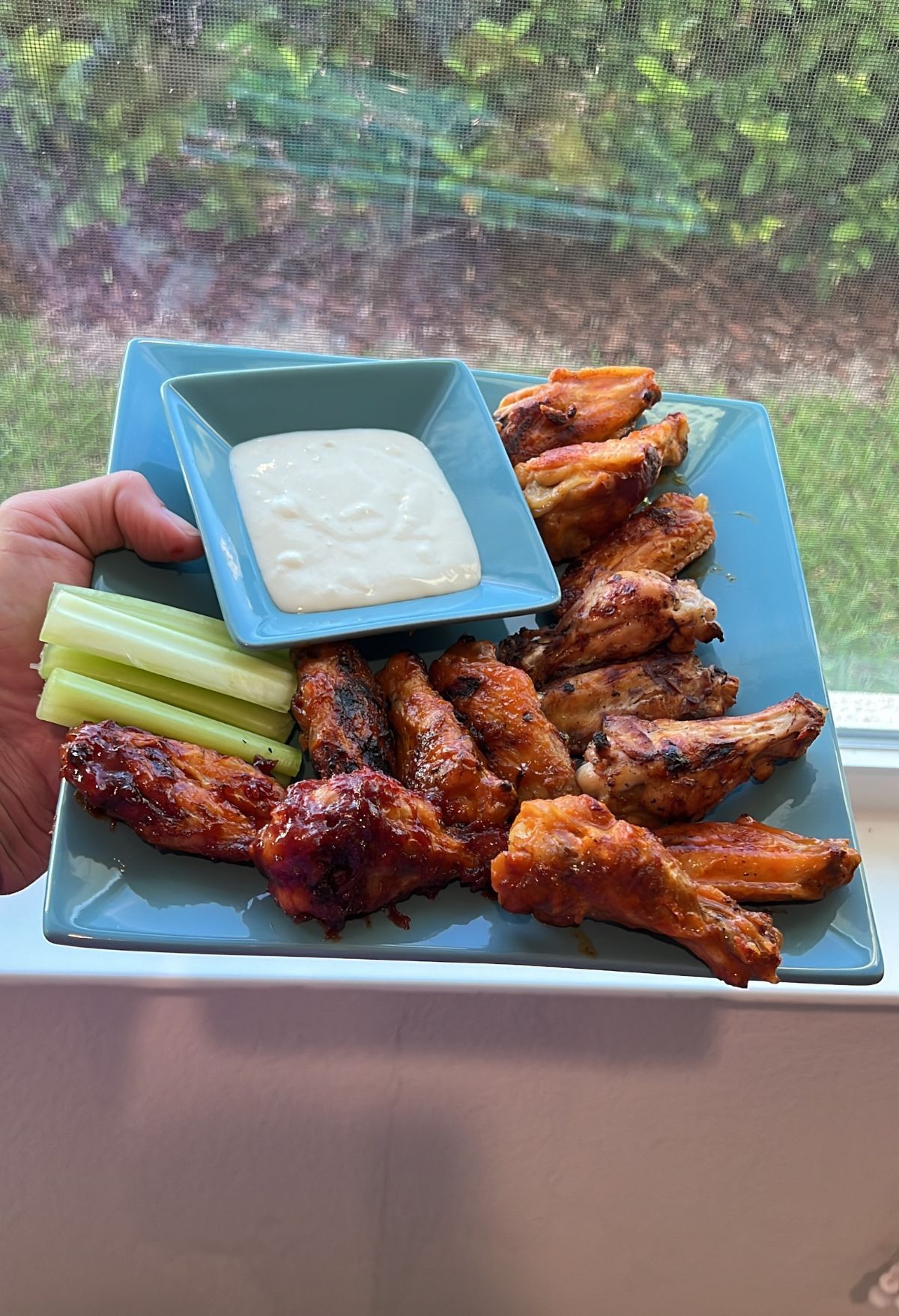 A plate of chicken wings and celery sticks.
