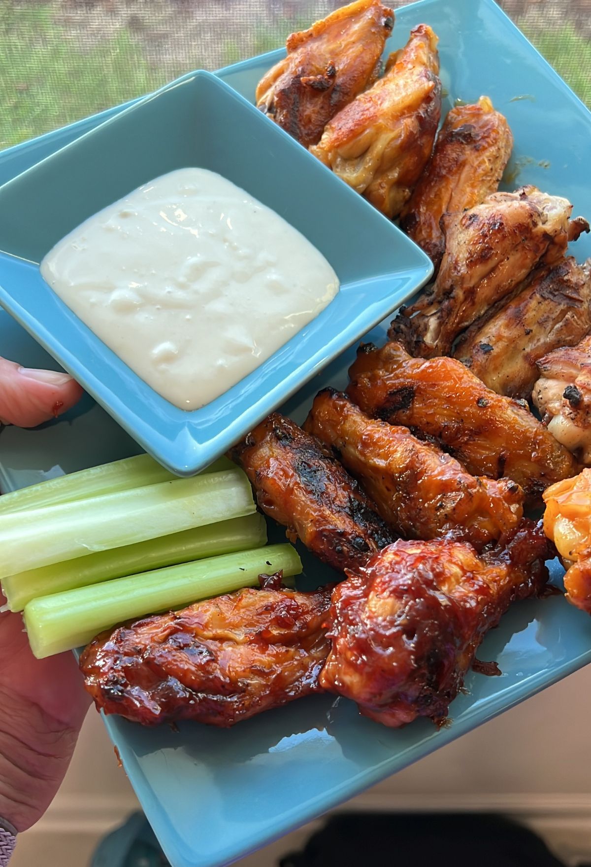 A plate of chicken wings and celery sticks.