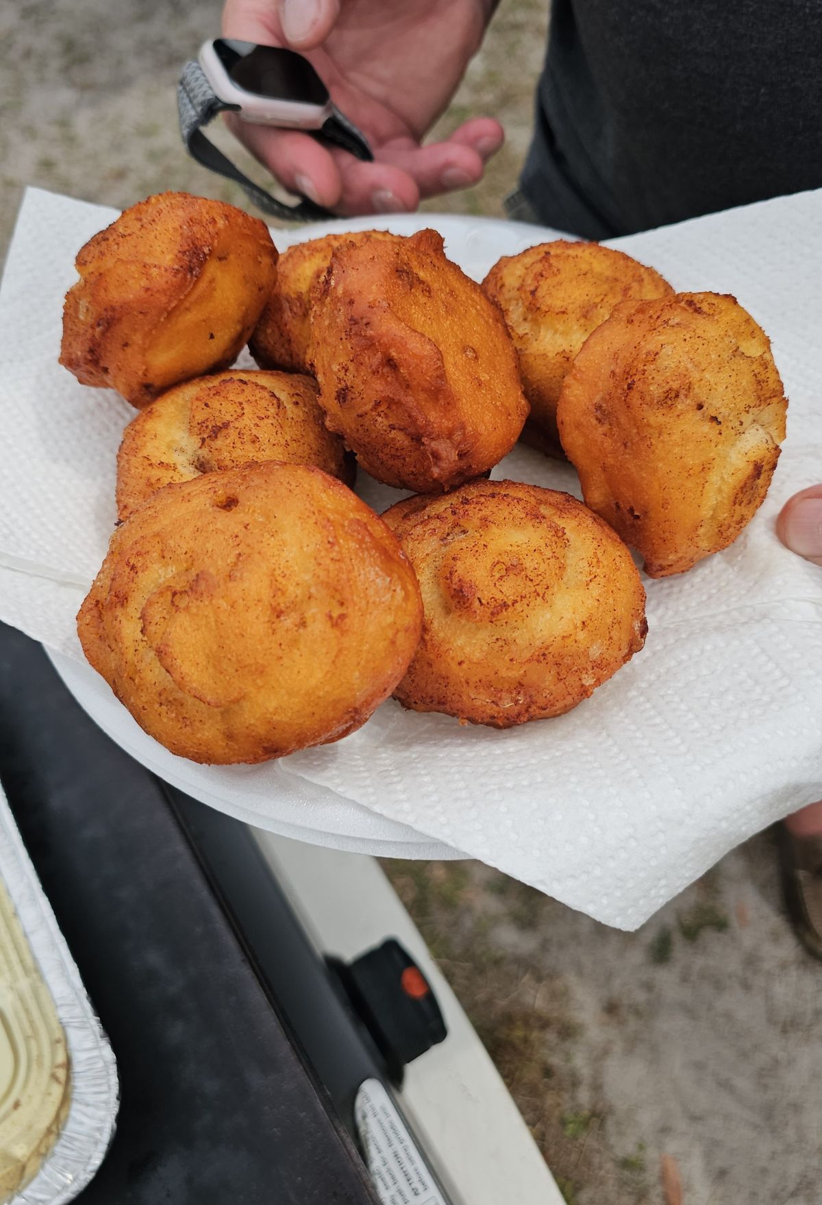 A person holding a plate of golden-brown fried muffins.