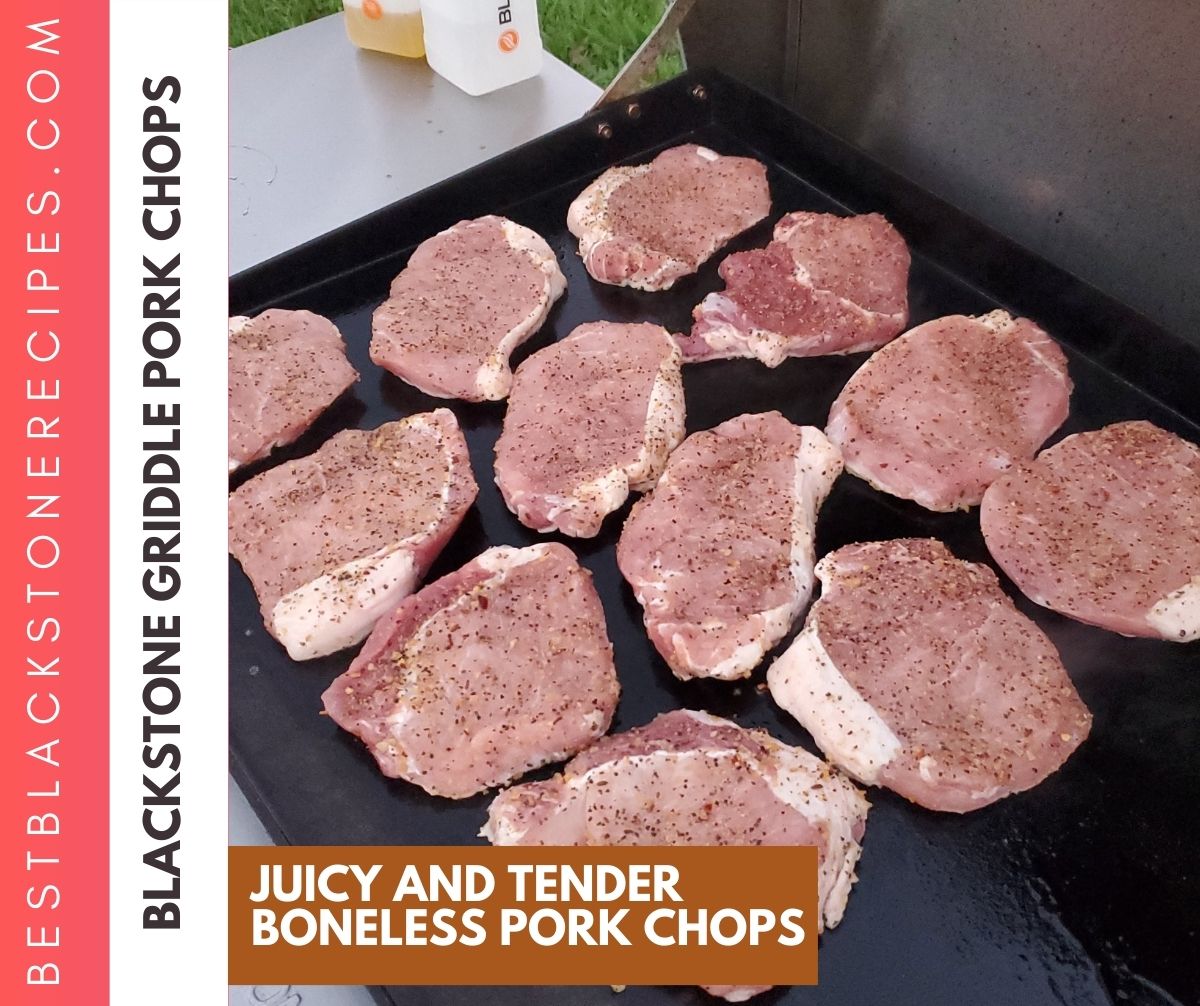 Seasoned boneless pork chops cooking on a griddle.