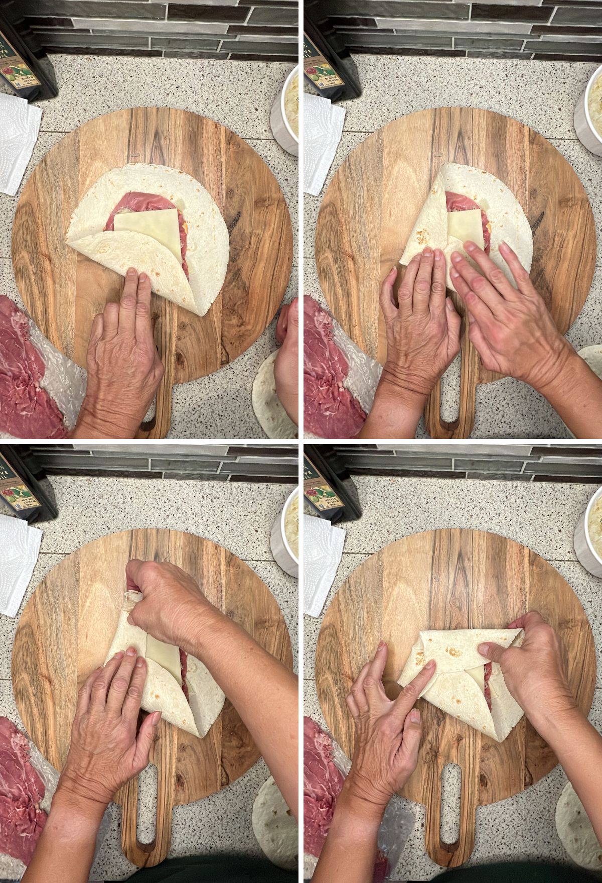 Step-by-step demonstration of folding a tortilla wrap with meat and cheese filling.