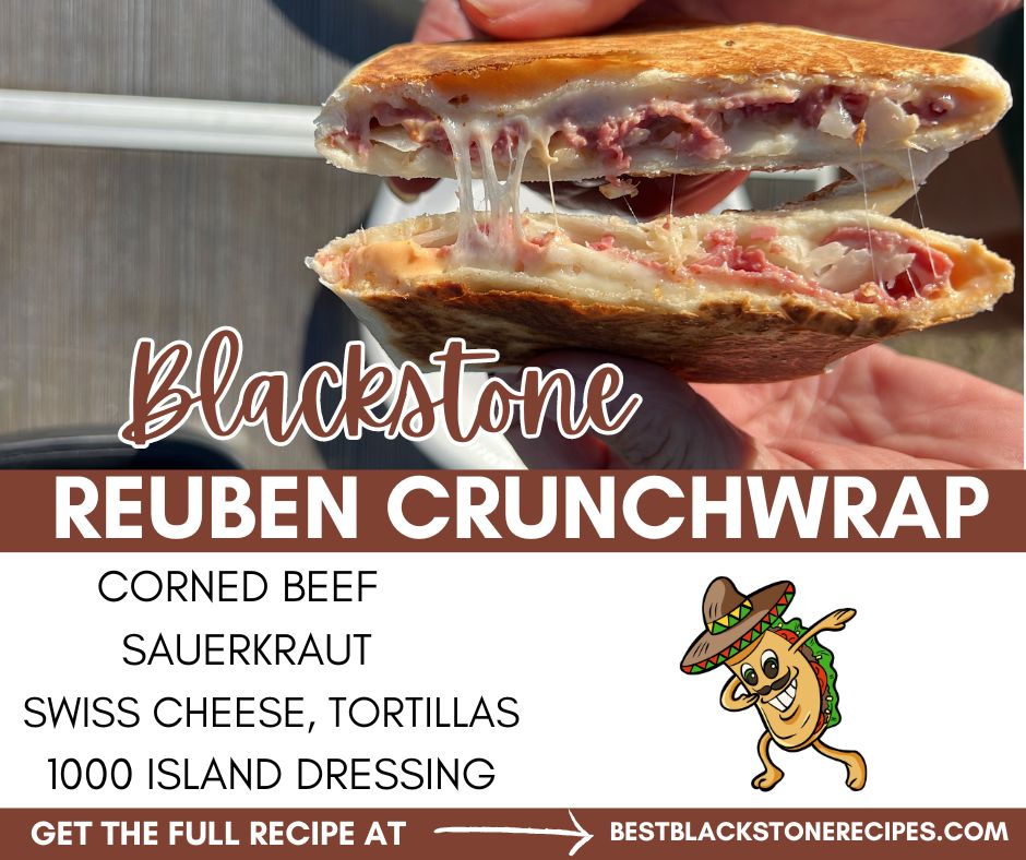 A promotional image for a reuben crunchwrap with corned beef, sauerkraut, swiss cheese, and 1000 island dressing.