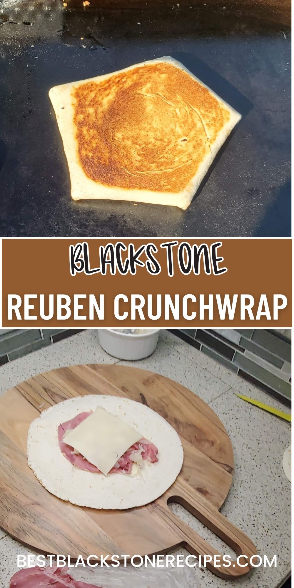 Preparation of a reuben crunchwrap on a griddle with a completed wrap on top and ingredients being added on a wooden cutting board below.