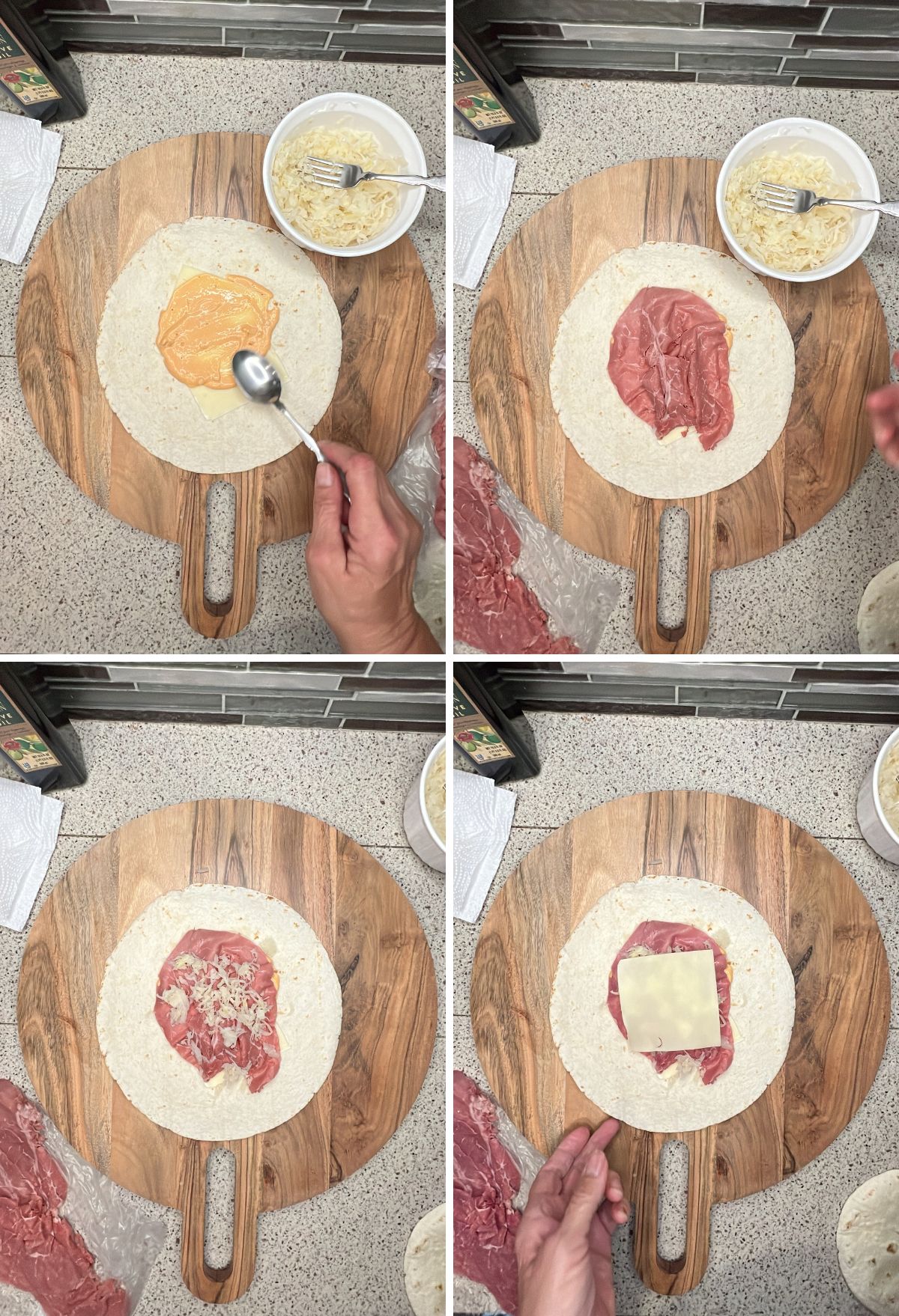 Four-step sequence of making a quesadilla: spreading sauce on a tortilla, adding meat, placing another tortilla on top, and finishing with a cheese slice.