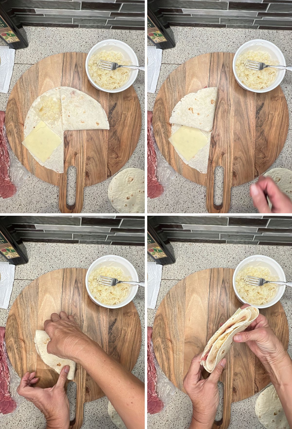 Step-by-step preparation of a quesadilla with cheese filling.