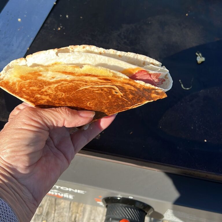 A hand holding a stuffed pita sandwich over a blue surface.