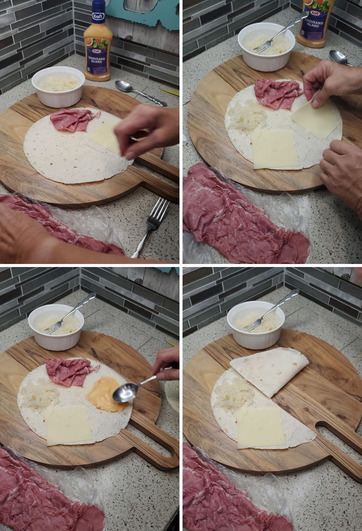 Preparation of a meat and cheese-stuffed tortilla on a kitchen counter.
