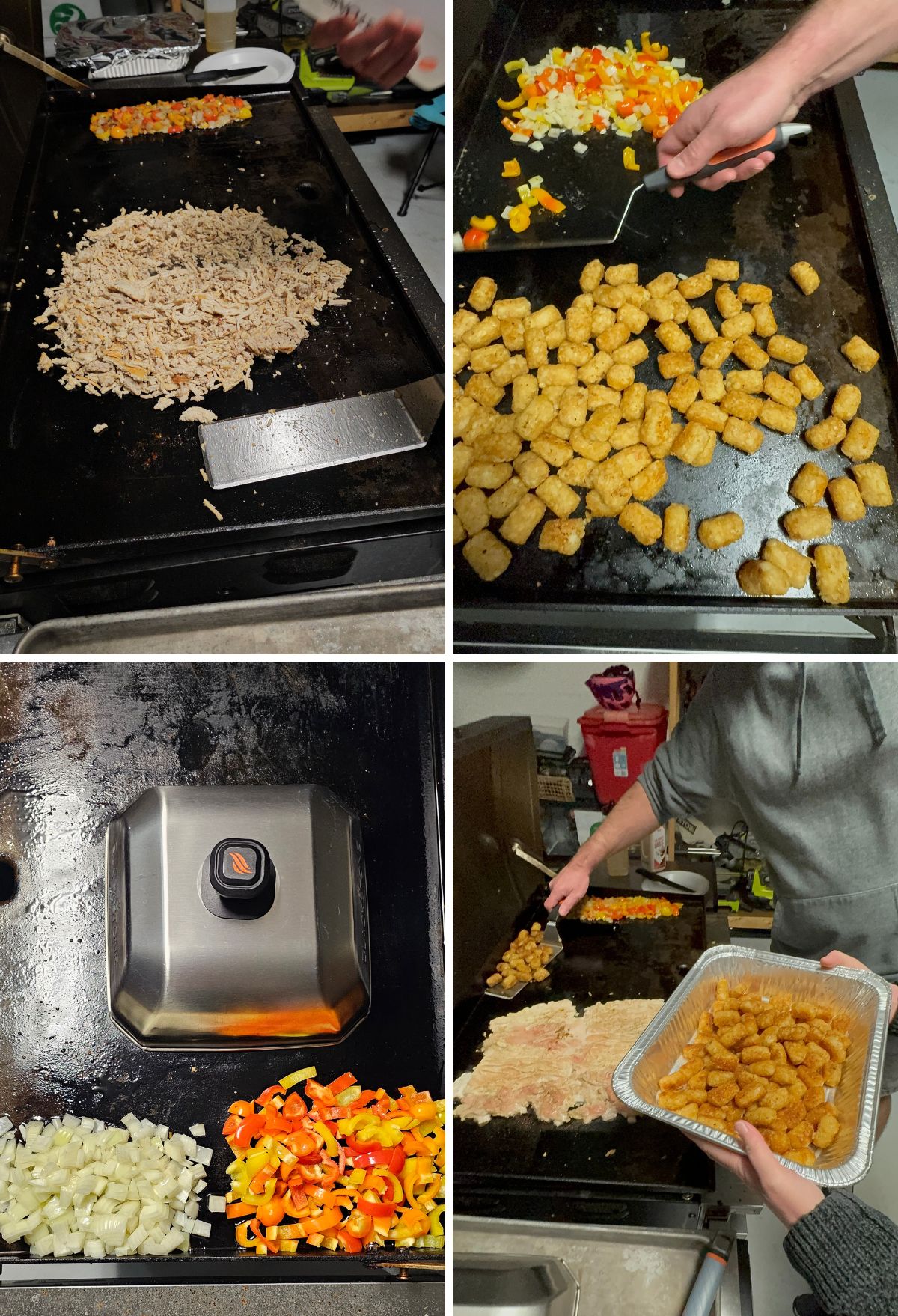A collage of four images showing the preparation of a meal on a flat-top grill, featuring chopped vegetables, cooked rice, and tater tots.