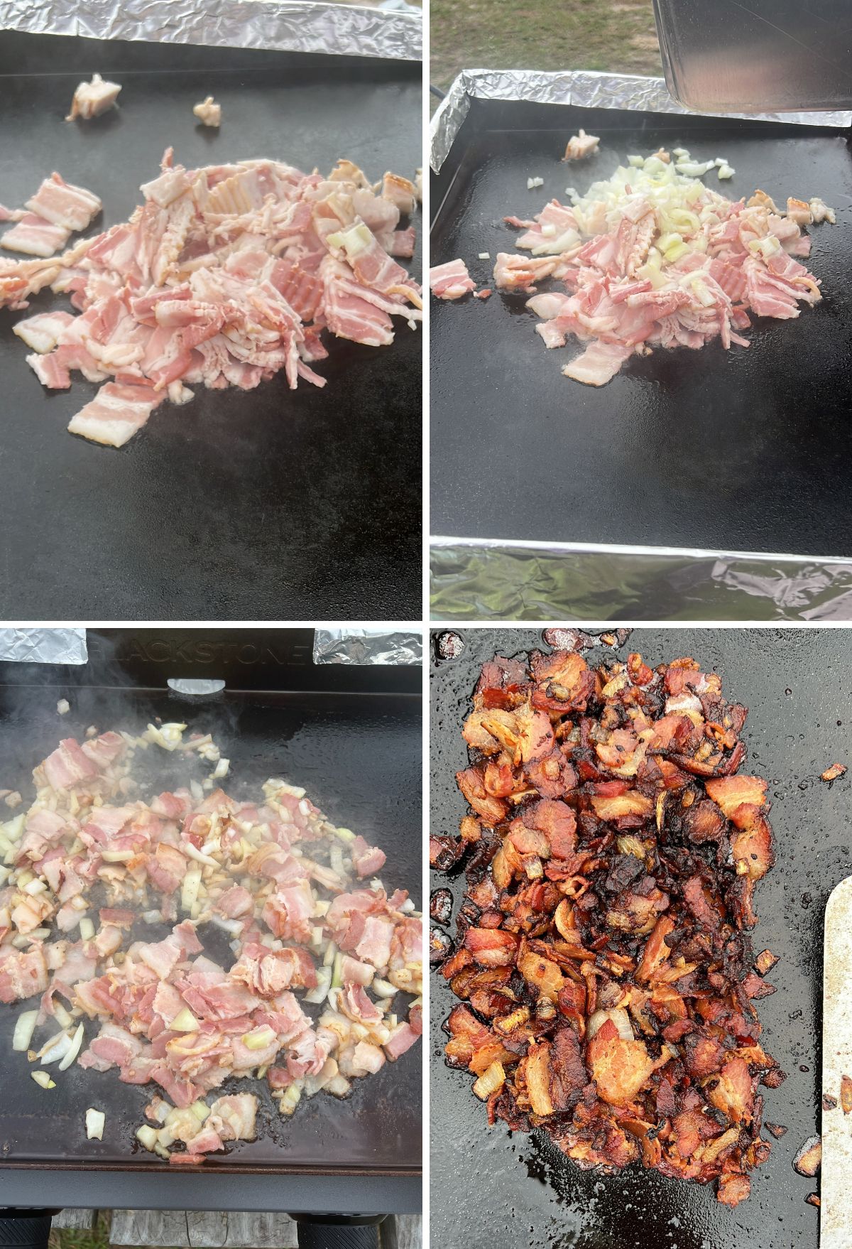 Four-step sequence of cooking bacon and onions on a griddle, showing raw, partially cooked, and fully cooked stages.