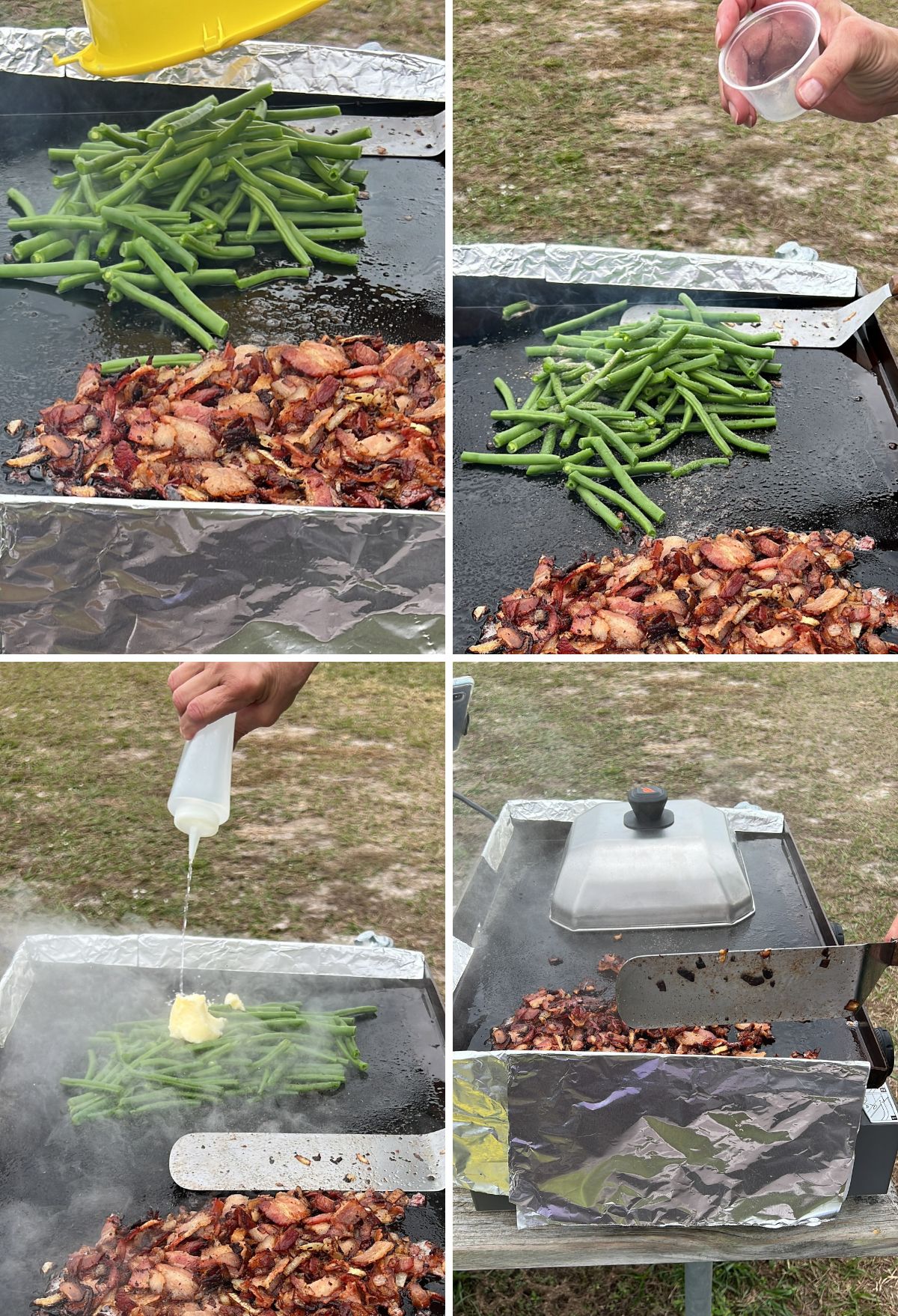 A collage showing the process of cooking bacon and green beans on an outdoor grill, including adding ingredients and covering the food with foil.