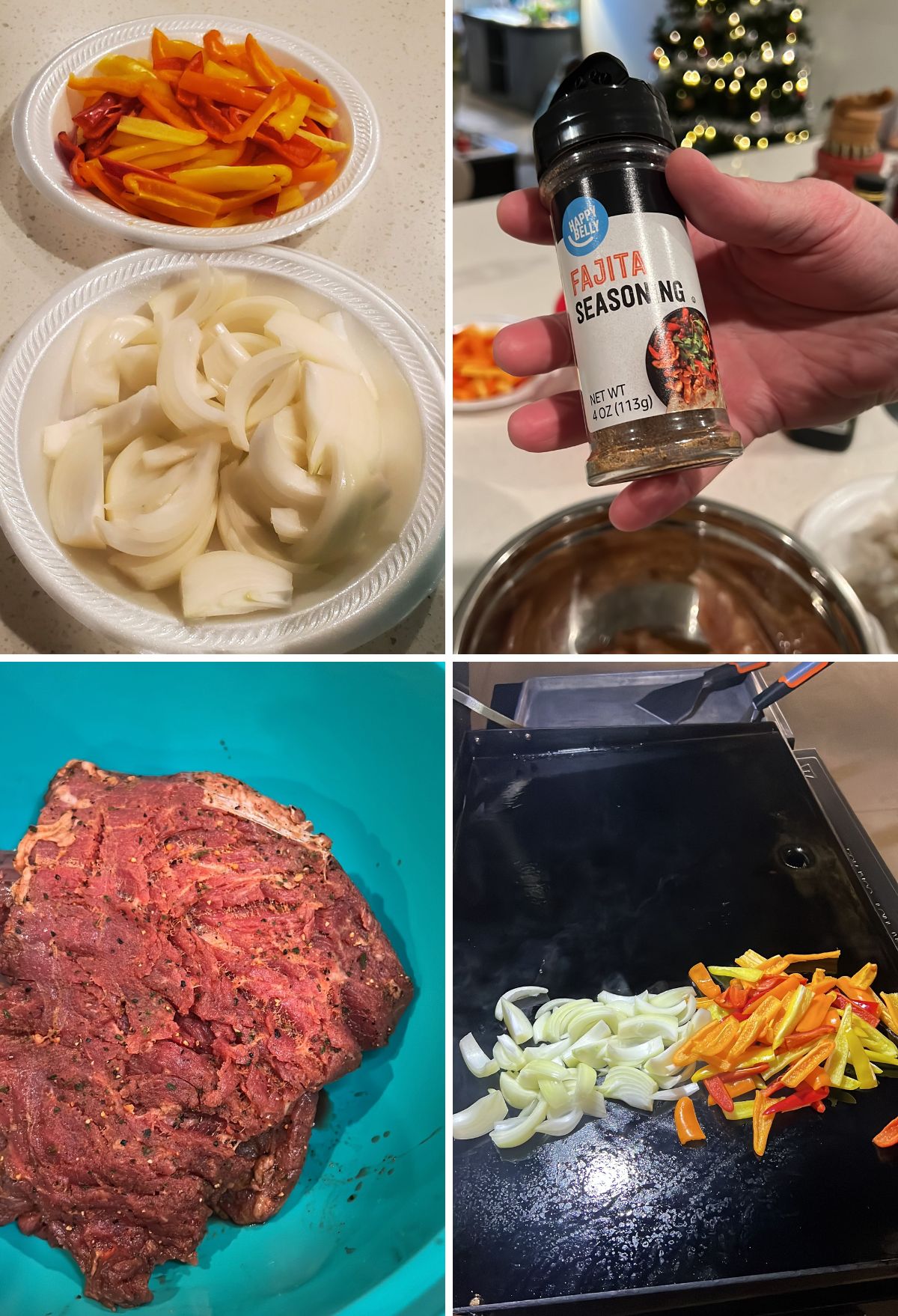 A collage of four images displaying cooking ingredients, including sliced onions and bell peppers, a bottle of fajita seasoning, and marinated meat on a plate.