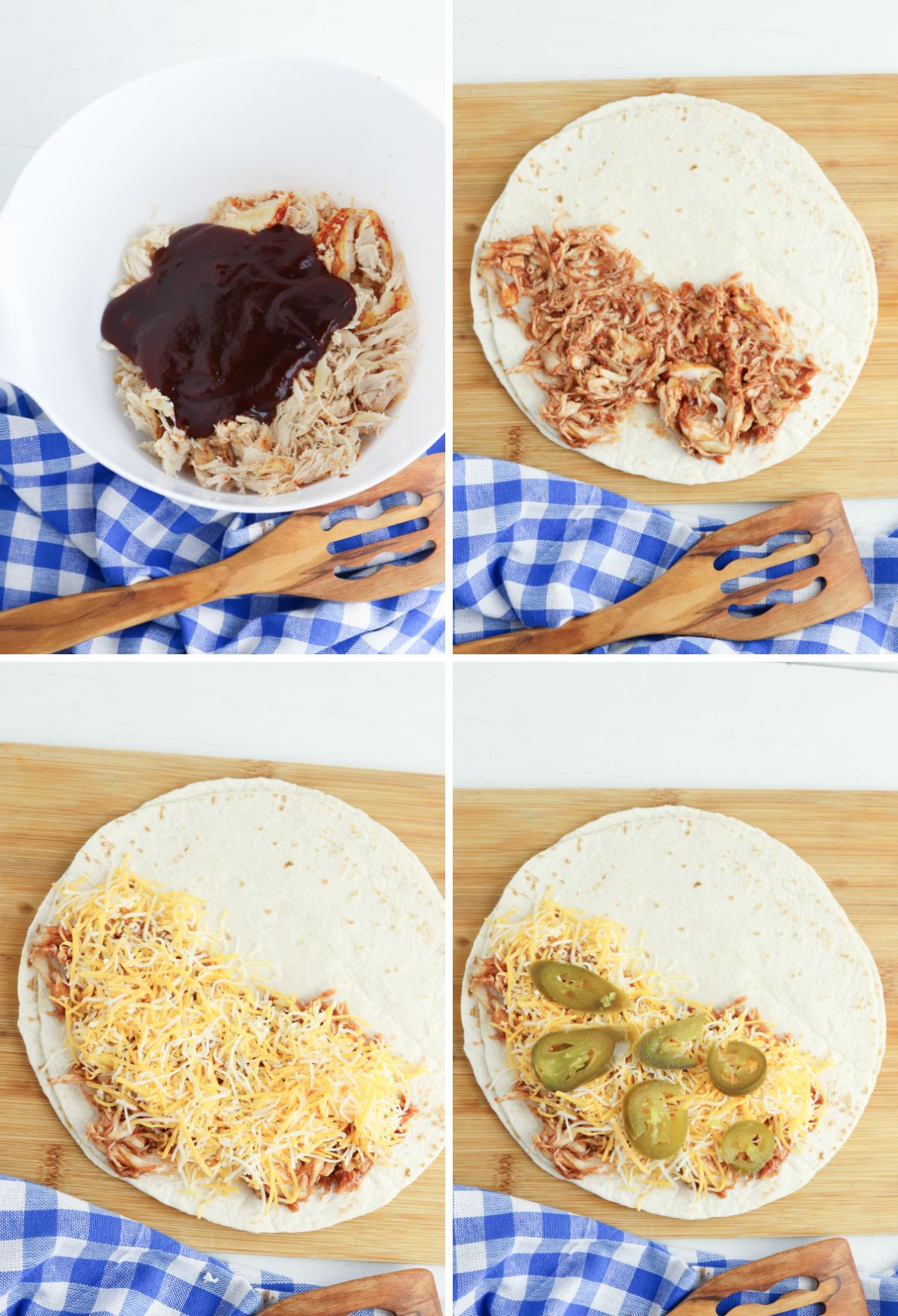 Four-step preparation of a burrito shown from top-down: shredded chicken with sauce in a bowl, spread on a tortilla, topped with cheese, and finished with jalapeños on another tortilla.